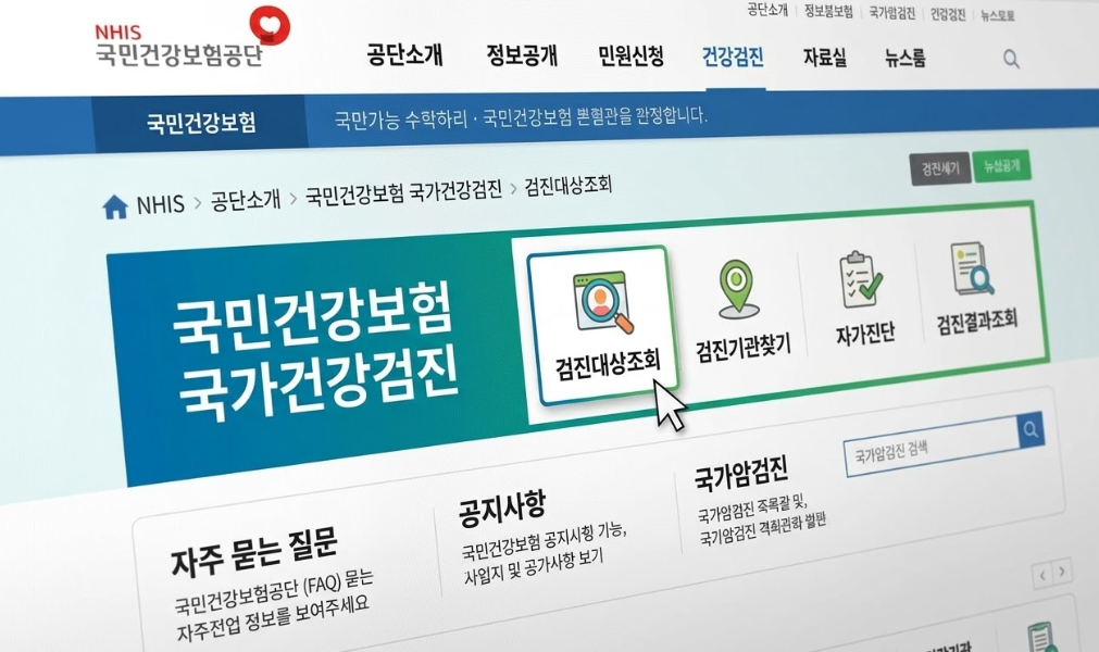 국민건강보험공단 홈페이지에서 '검진대상조회' 메뉴를 클릭하는 과정 스크린샷 묘사