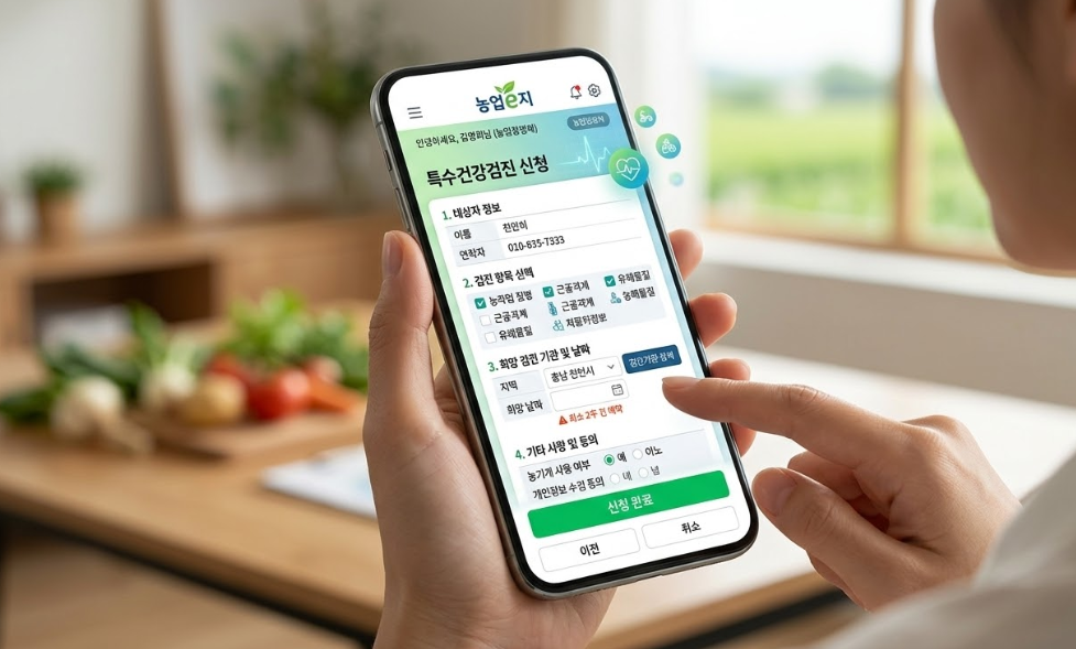 농업e지 앱을 통해 특수건강검진을 신청하는 스마트폰 화면 예시