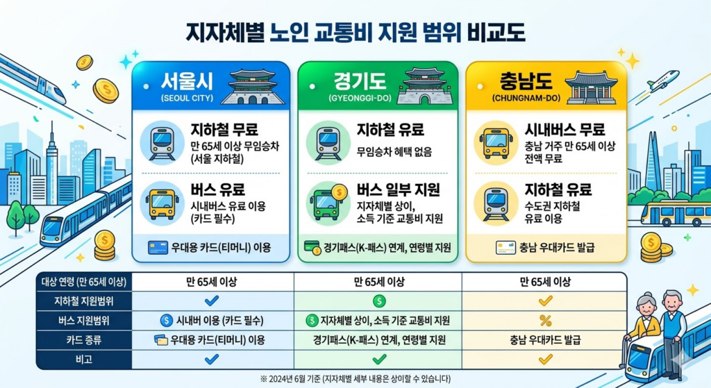 지자체별(서울, 경기, 충남 등) 노인 교통비 지원 범위 비교도 이미지