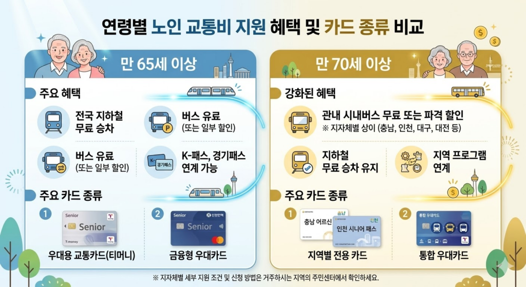 연령별 지원 혜택(65세 vs 70세) 및 주요 카드 종류 이미지