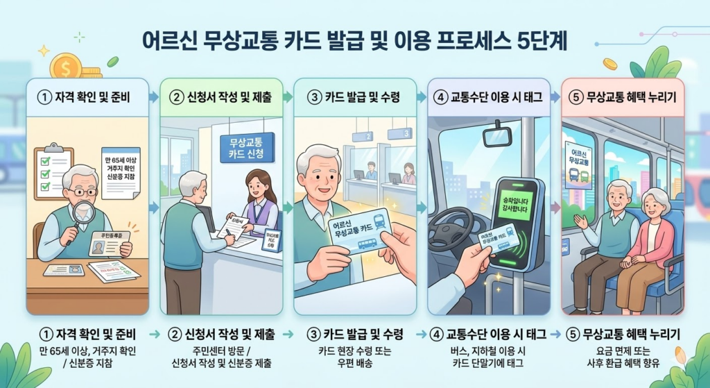 어르신 무상교통 카드 발급 및 이용 프로세스 5단계 이미지