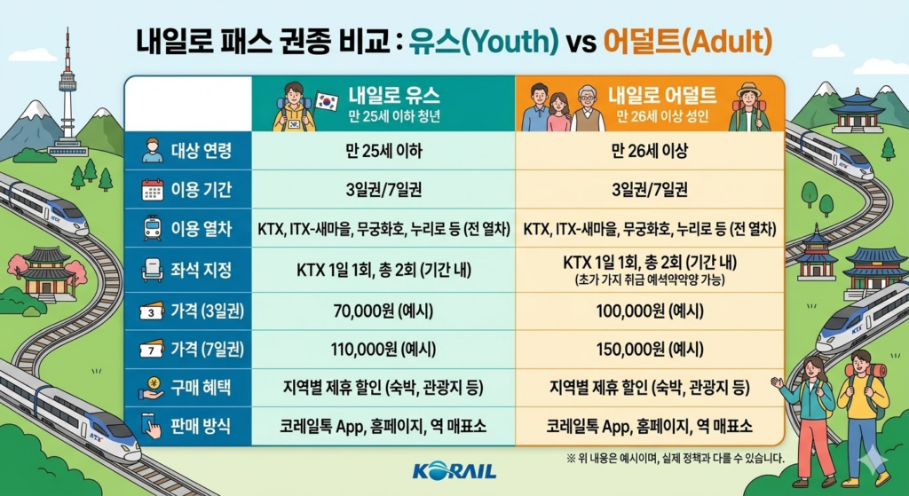 내일로 패스 유스(Youth)와 어덜트(Adult) 권종 비교 도표 이미지
