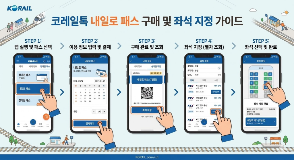 코레일톡 앱에서 내일로 패스를 구매하고 좌석을 지정하는 단계별 스크린샷 가이드 이미지