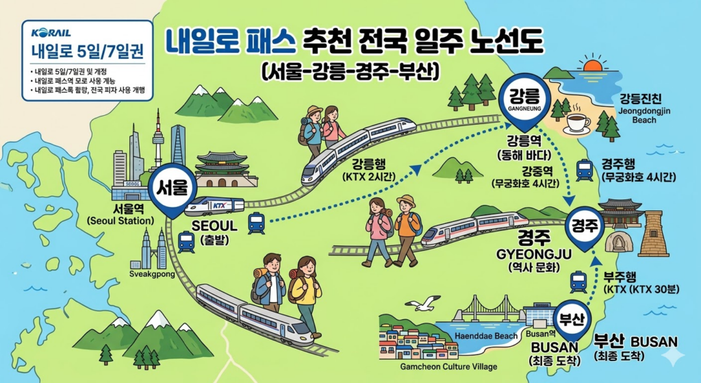 내일로 패스를 활용한 전국 일주 추천 노선도(서울-강릉-경주-부산) 이미지