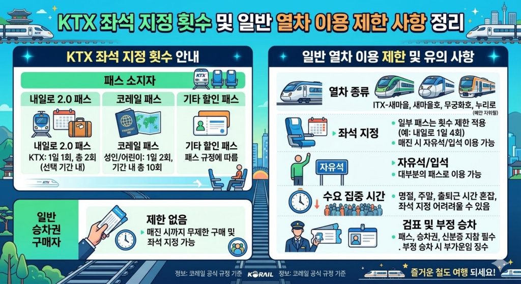 KTX 좌석 지정 횟수와 일반 열차 이용 제한 사항 정리 인포그래픽 이미지