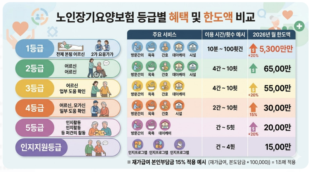 등급별 혜택과 재가급여 한도액을 비교한 인포그래픽 이미지