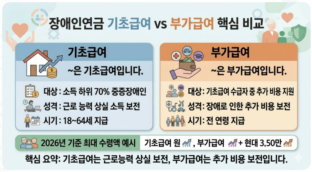 장애인연금 기초급여와 부가급여의 구성 비교표 이미지