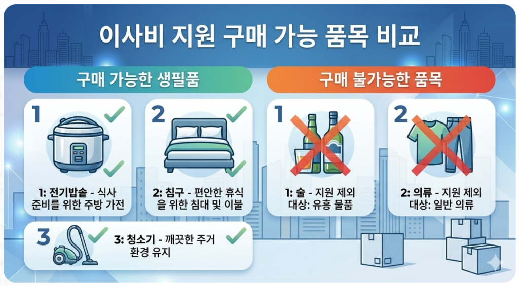 이사비 지원으로 구매 가능한 생필품(전기밥솥, 침구, 청소기 등)과 불가능한 품목 비교 이미지