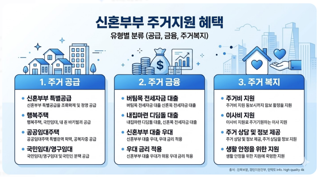 신혼부부 주거지원 혜택의 종류(공급, 금융, 주거복지)를 분류한 인포그래픽 이미지