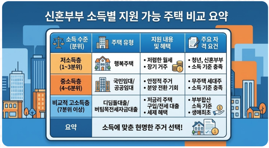 소득 수준별 지원 가능한 주택 유형을 비교한 요약 인포그래픽 이미지