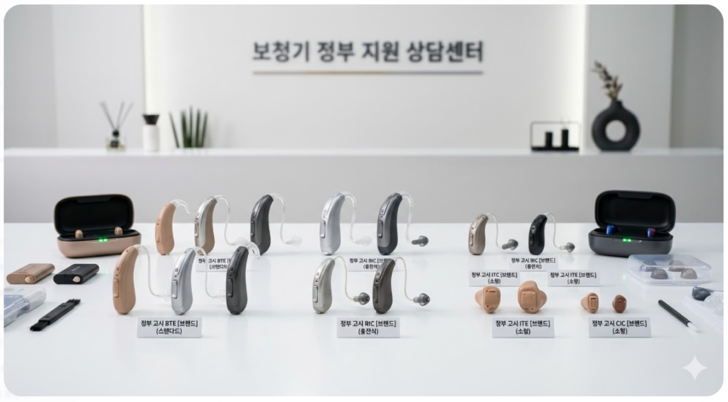 다양한 종류의 정부 고시 보청기 제품들이 나열된 깔끔한 이미지