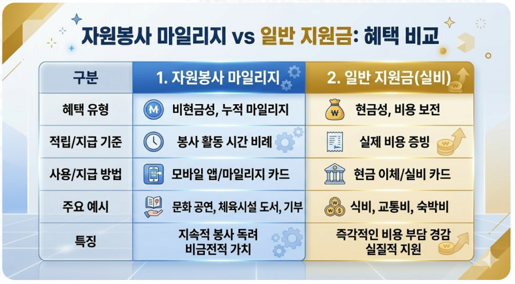 자원봉사 마일리지와 일반 지원금의 혜택 차이를 보여주는 비교 도표 이미지