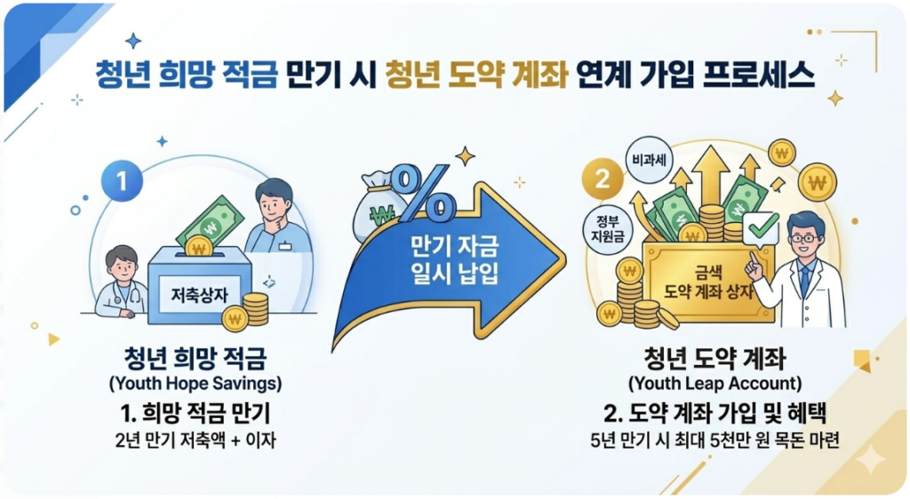 청년희망적금에서 청년도약계좌로 자금이 이동하며 혜택이 커지는 과정을 보여주는 인포그래픽 이미지