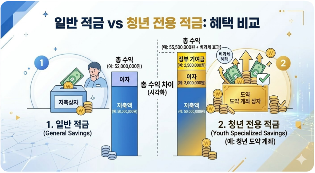 일반 적금과 청년 전용 적금의 이자 및 정부 기여금 차이를 비교한 도표 이미지