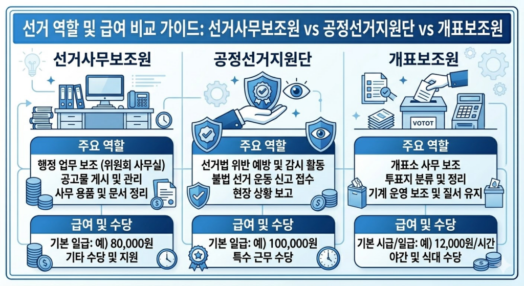 선거사무보조원 vs 공정선거지원단 vs 개표보조원의 역할 및 급여 비교 표 이미지