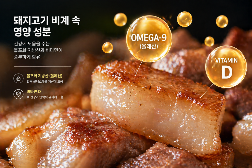 돼지고기 비계 속의 불포화 지방산과 비타민 성분을 시각화한 이미지