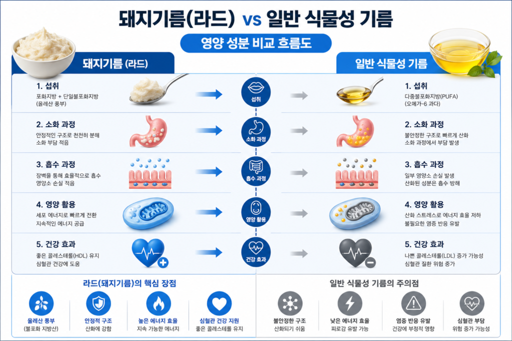 돼지기름(라드)과 일반 식물성 기름의 영양 성분 비교 흐름도