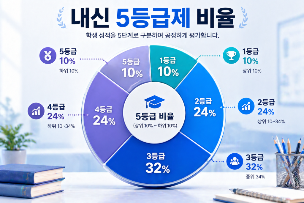 내신 5등급제의 각 등급별 비율(10%, 24%, 32%, 24%, 10%)을 시각화한 원형 그래프