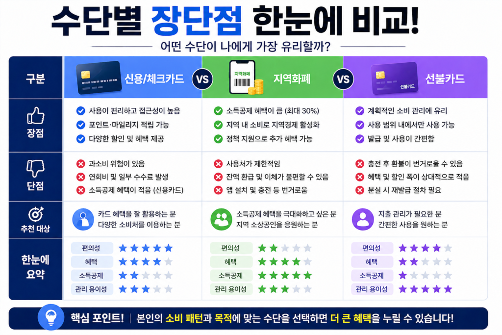 수단별 장단점을 한눈에 보여주는 비교 요약 이미지