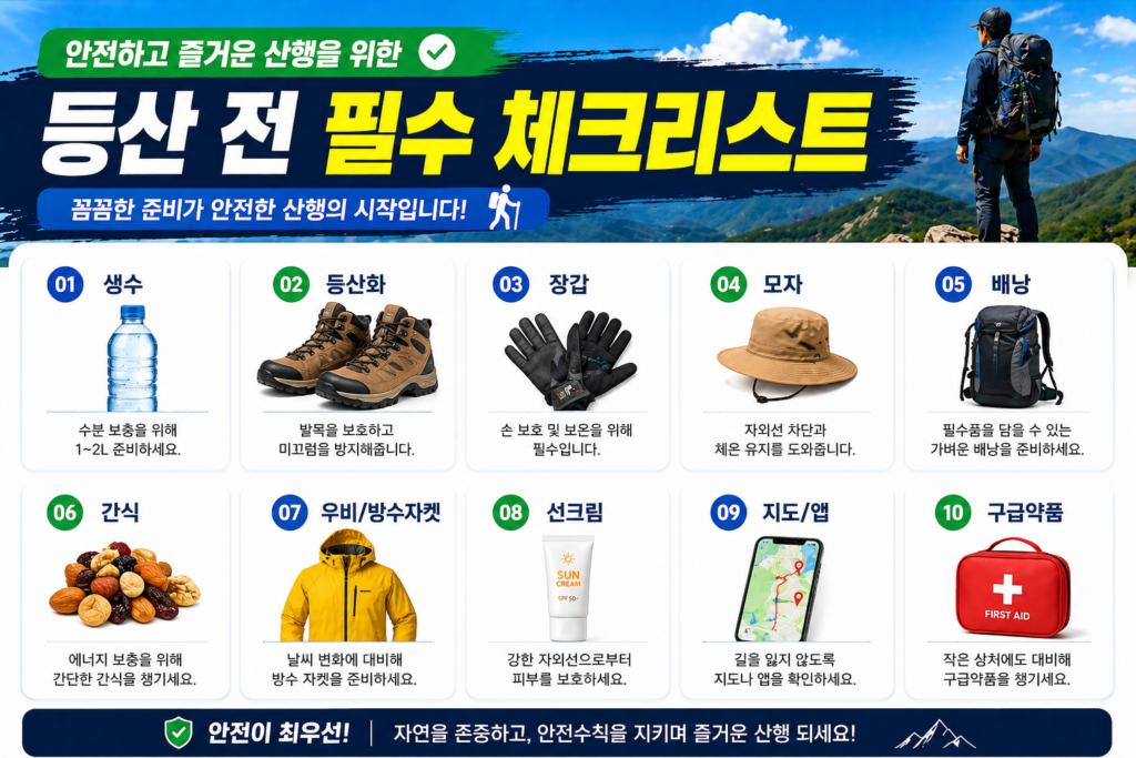 등산 전 필수 체크리스트(생수, 장갑, 등산화 등)를 요약 정리한 이미지