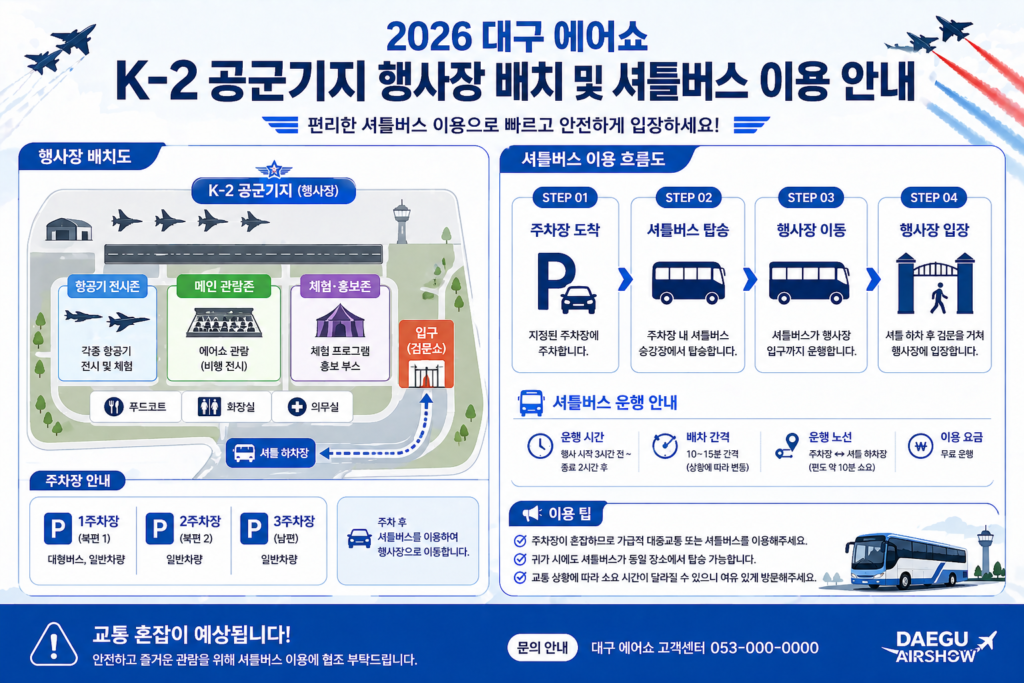 대구 K-2 공군기지 행사장 배치 및 셔틀버스 이용 흐름도