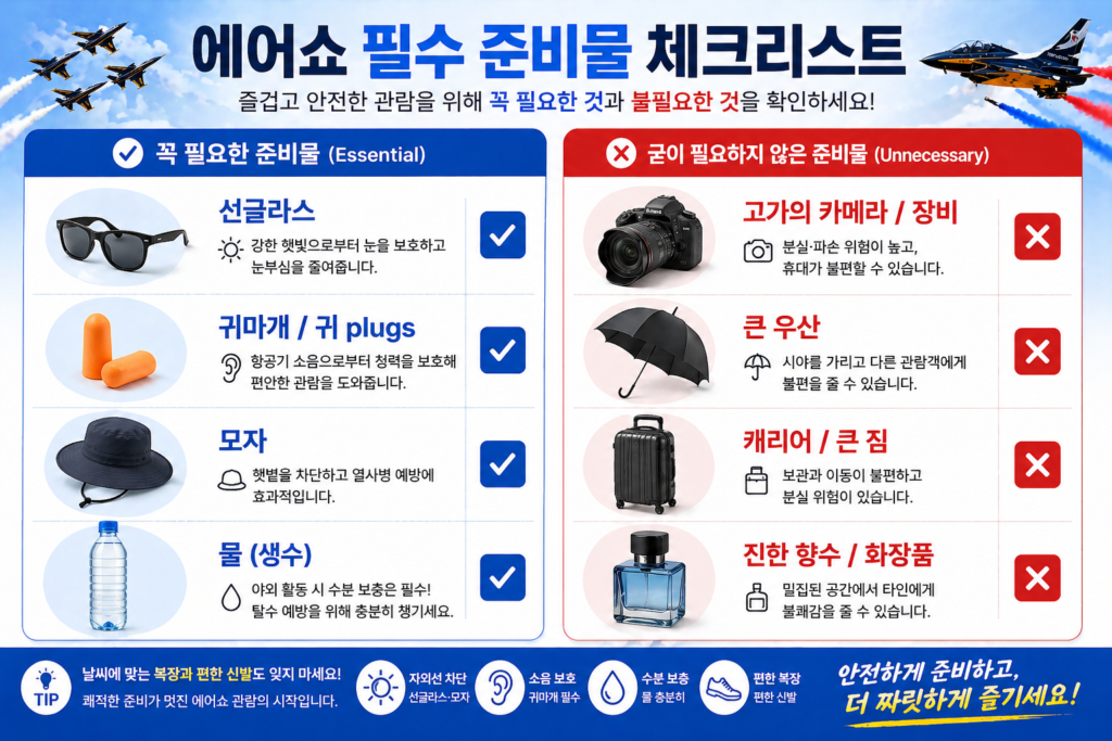 필수 준비물(선글라스, 모자, 귀마개, 물) 비교 및 체크리스트
