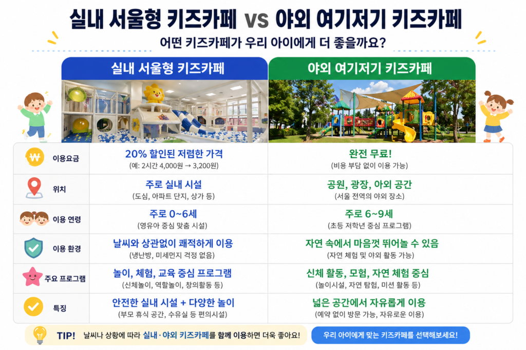 실내 서울형 키즈카페와 야외 여기저기 키즈카페의 특징 비교표