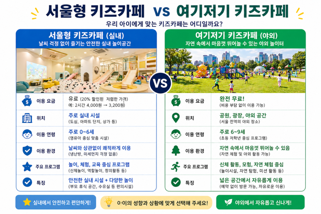 서울형 키즈카페와 여기저기 키즈카페의 특징을 한눈에 보여주는 비교 이미지