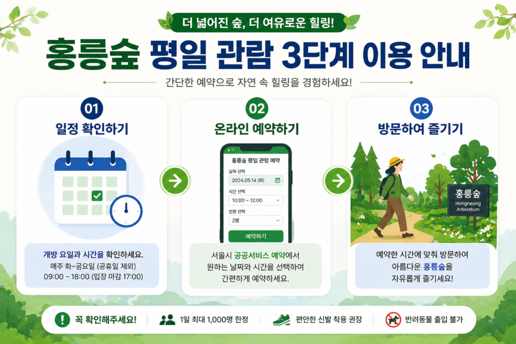 홍릉숲 평일 관람 프로세스를 한눈에 보여주는 인포그래픽 이미지