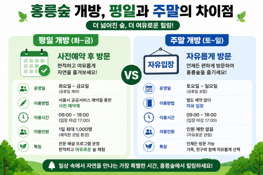 평일 개방과 주말 개방의 차이점을 요약한 비교 레이아웃 이미지
