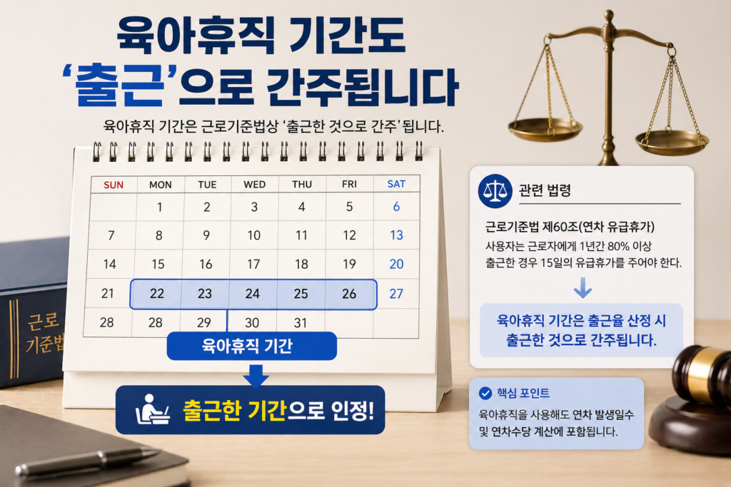 육아휴직 기간이 '출근'으로 간주된다는 법적 개념을 시각화한 이미지
