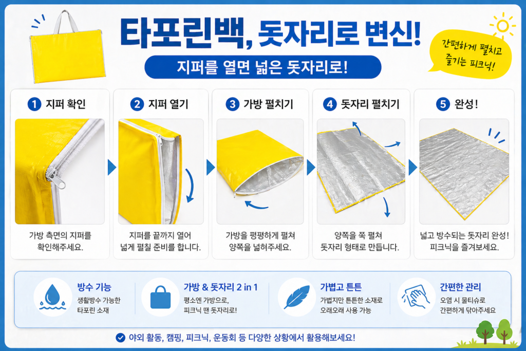 타포린백의 지퍼를 열어 돗자리로 펼치는 과정을 보여주는 인포그래픽
