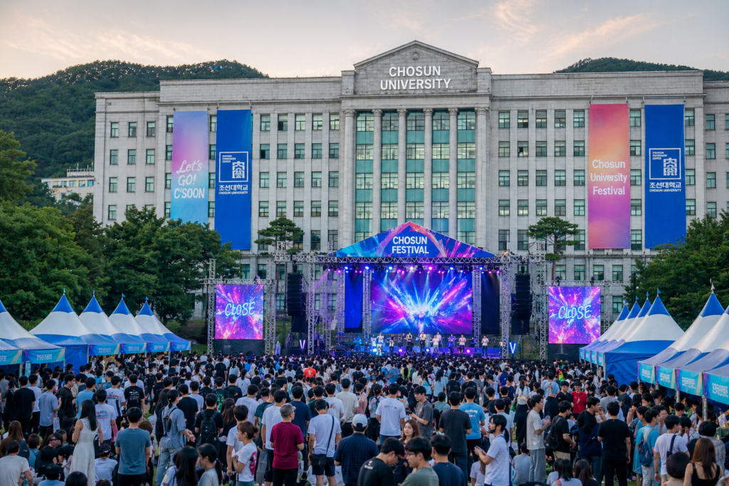 조선대학교 본관 앞 광장에서 축제가 열리는 활기찬 모습