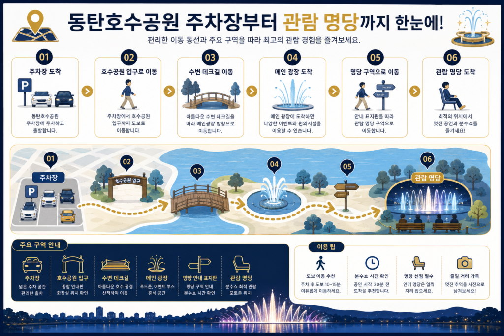 주차장부터 관람 명당까지의 이동 동선과 주요 구역을 보여주는 인포그래픽