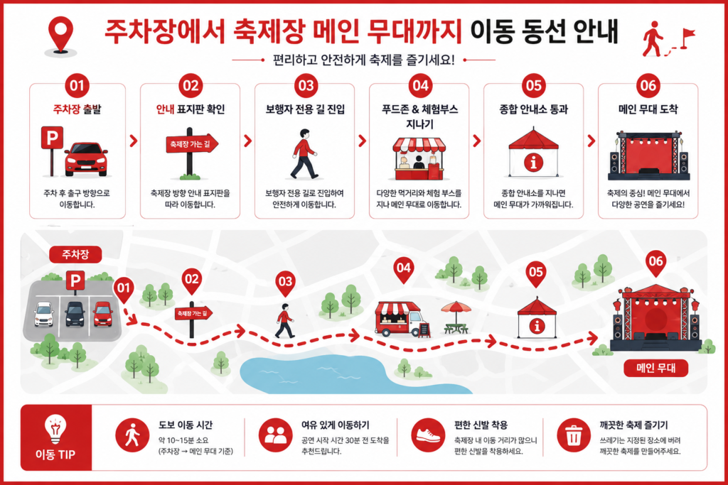 주차장에서 축제장 메인 무대까지의 동선을 보여주는 인포그래픽 이미지