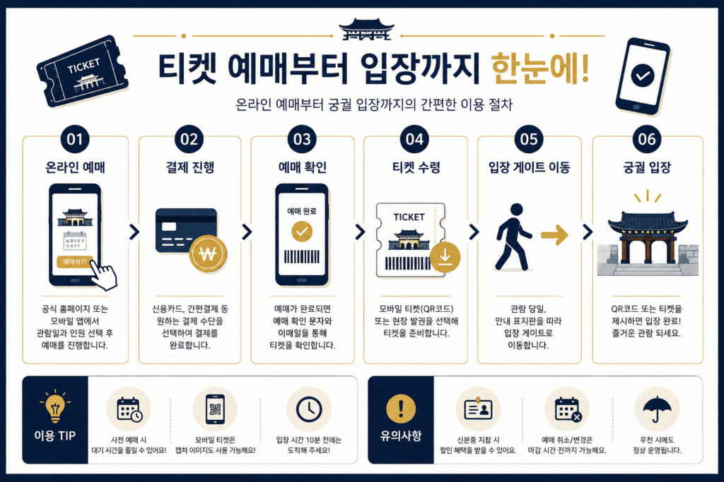 티켓 예매부터 입장까지의 과정을 시각화한 인포그래픽 이미지