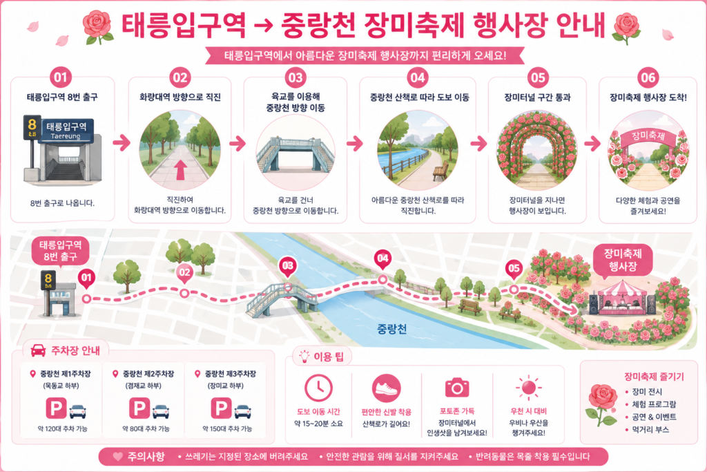 태릉입구역부터 중랑천 행사장까지의 주요 동선과 주차장을 안내하는 인포그래픽