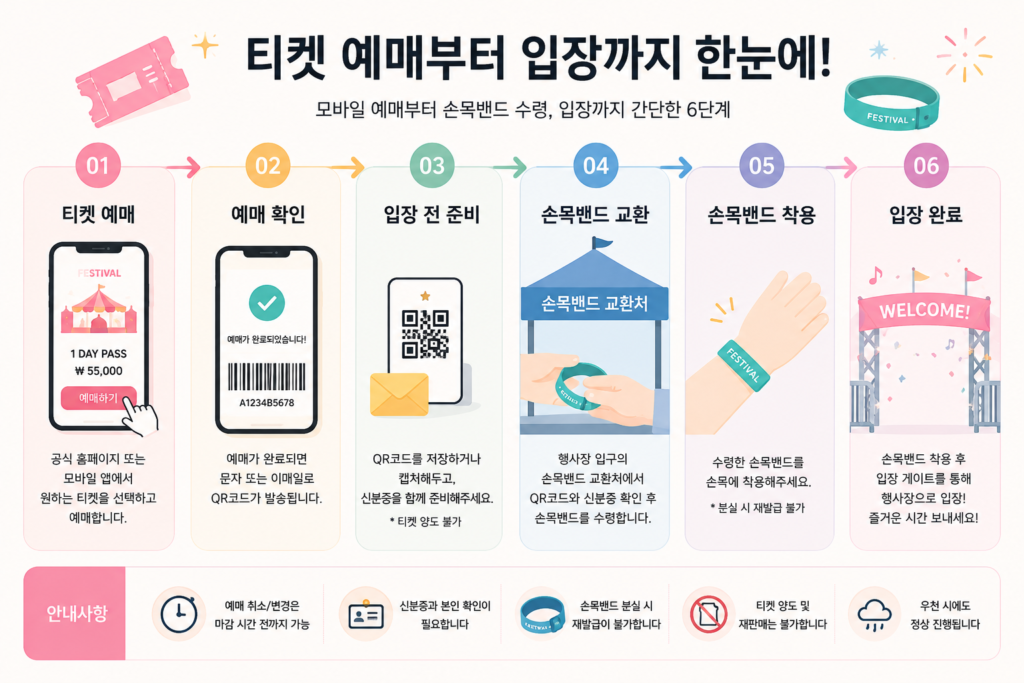 티켓 예매부터 입장까지의 과정을 시각화한 인포그래픽 이미지