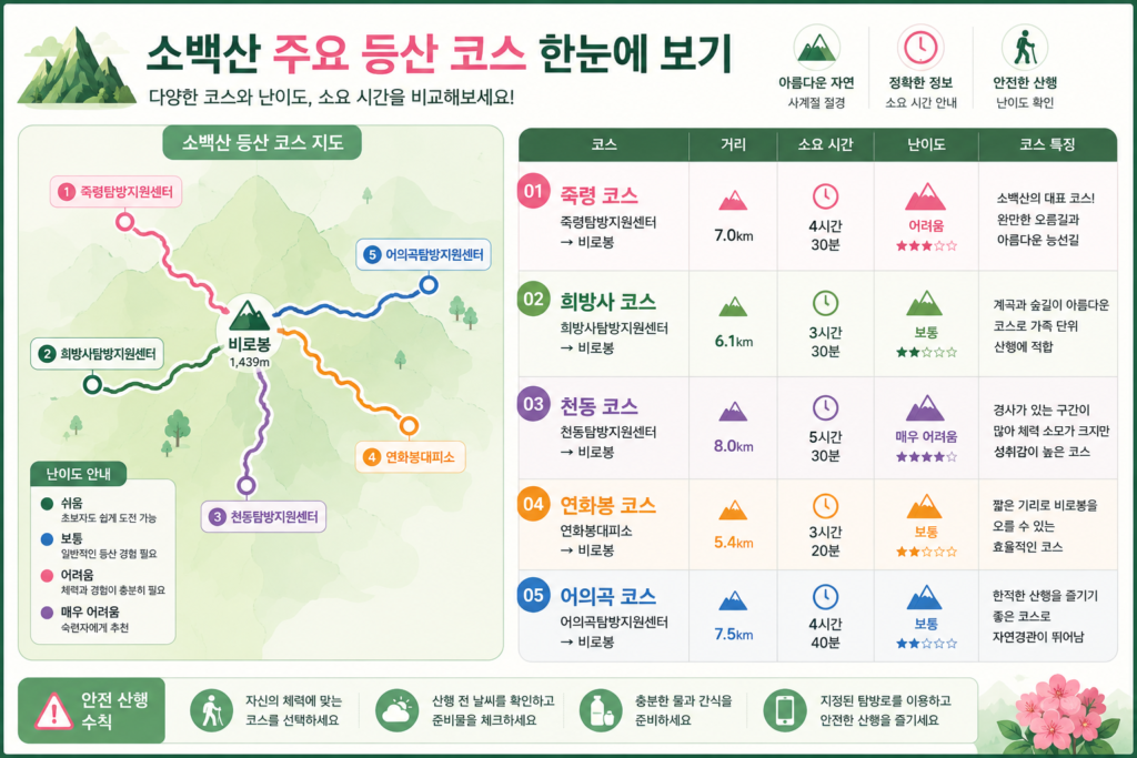 주요 등산 코스와 소요 시간 및 난이도를 한눈에 보여주는 인포그래픽