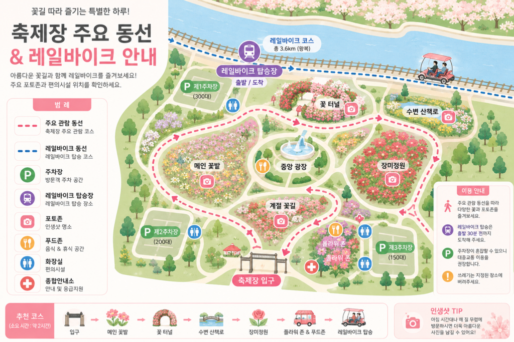 축제장 주요 동선과 레일바이크 탑승장을 안내하는 깔끔한 인포그래픽