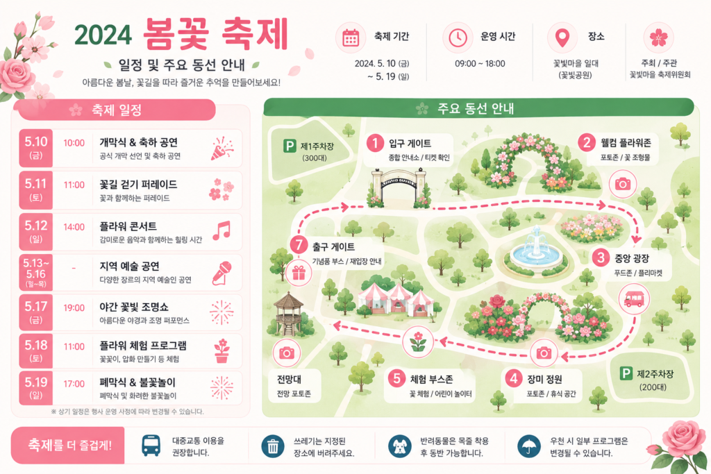 축제 일정 및 주요 동선을 보여주는 세련된 인포그래픽