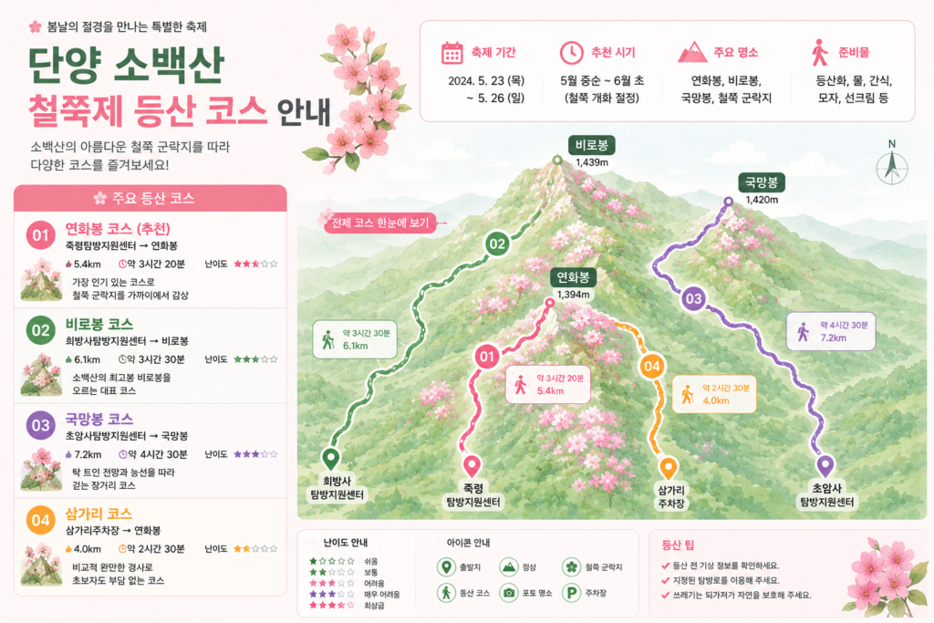 단양 소백산 철쭉제 주요 등산 코스와 소요 시간을 보여주는 인포그래픽