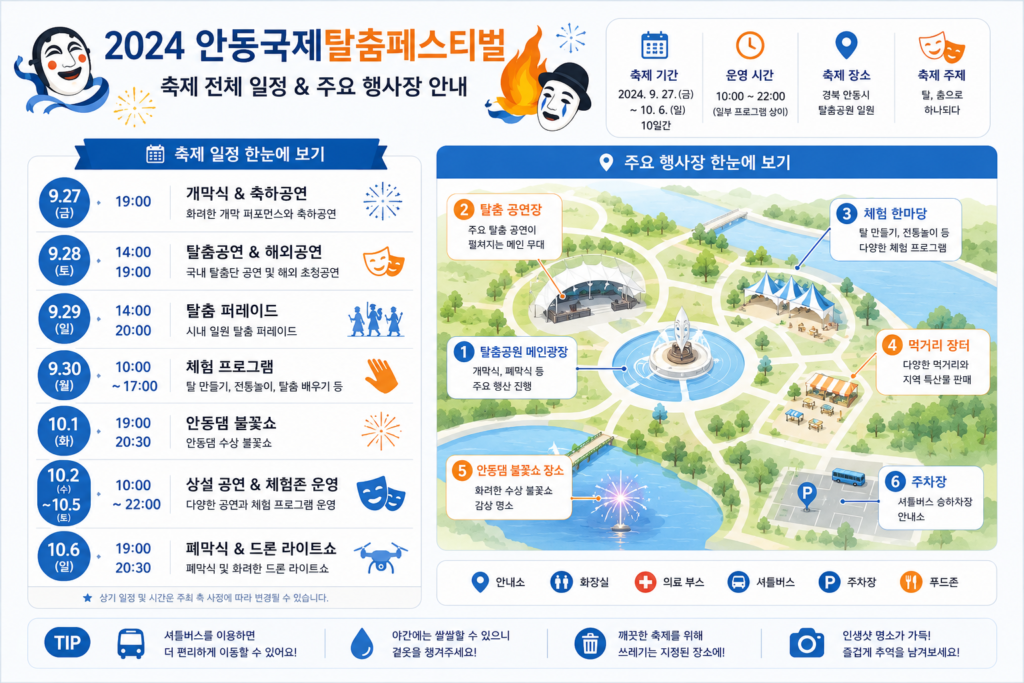 축제 전체 일정과 주요 행사장 위치를 보여주는 인포그래픽
