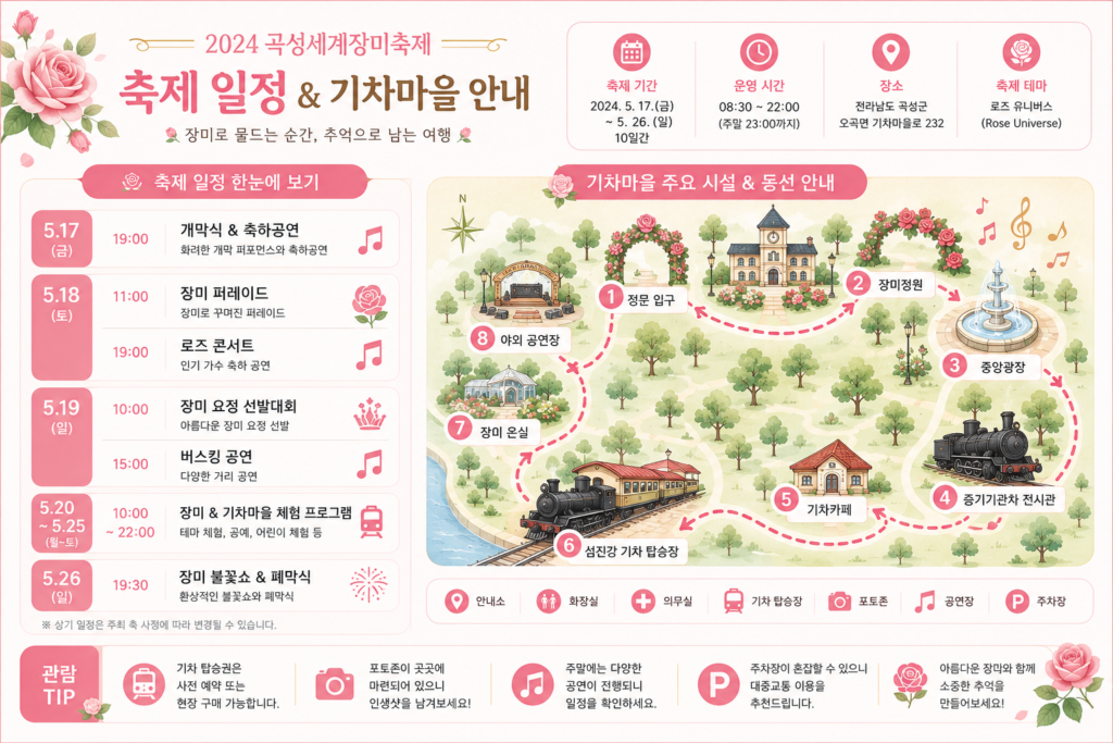 축제 일정 및 기차마을 주요 시설 동선을 보여주는 인포그래픽