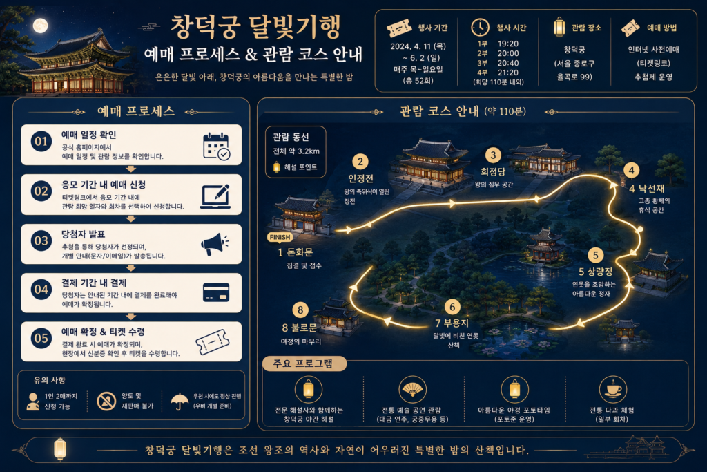 창덕궁 달빛기행 예매 프로세스 및 관람 코스를 보여주는 인포그래픽