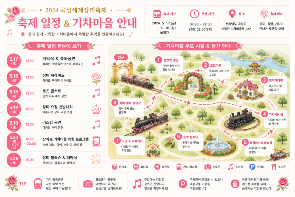 축제 일정 및 기차마을 내 주요 시설 동선을 보여주는 인포그래픽