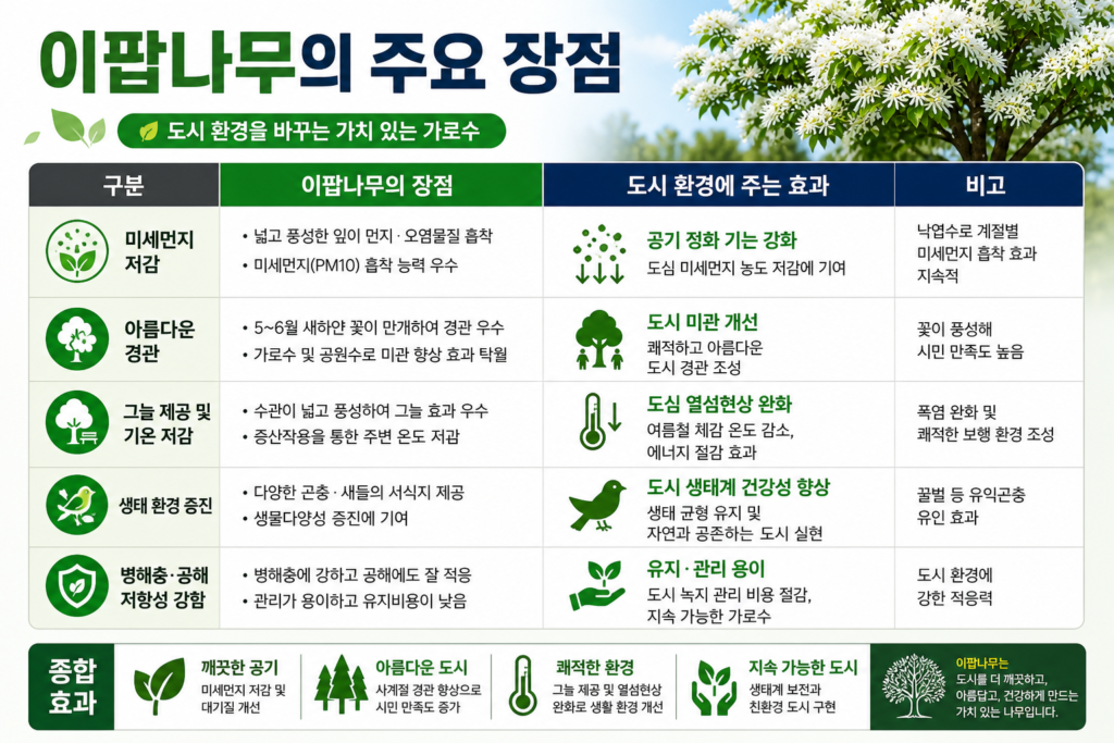 이팝나무의 장점(미세먼지 저감, 미관 등)을 요약 정리한 비교표 이미지
