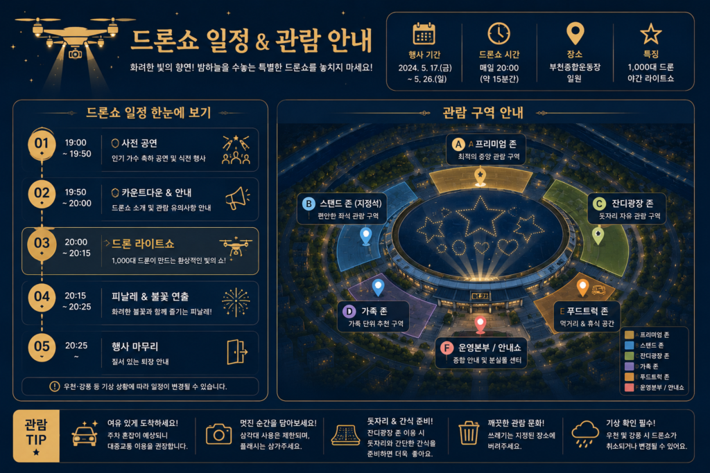 드론쇼 일정과 관람 구역을 시각화한 깔끔한 인포그래픽