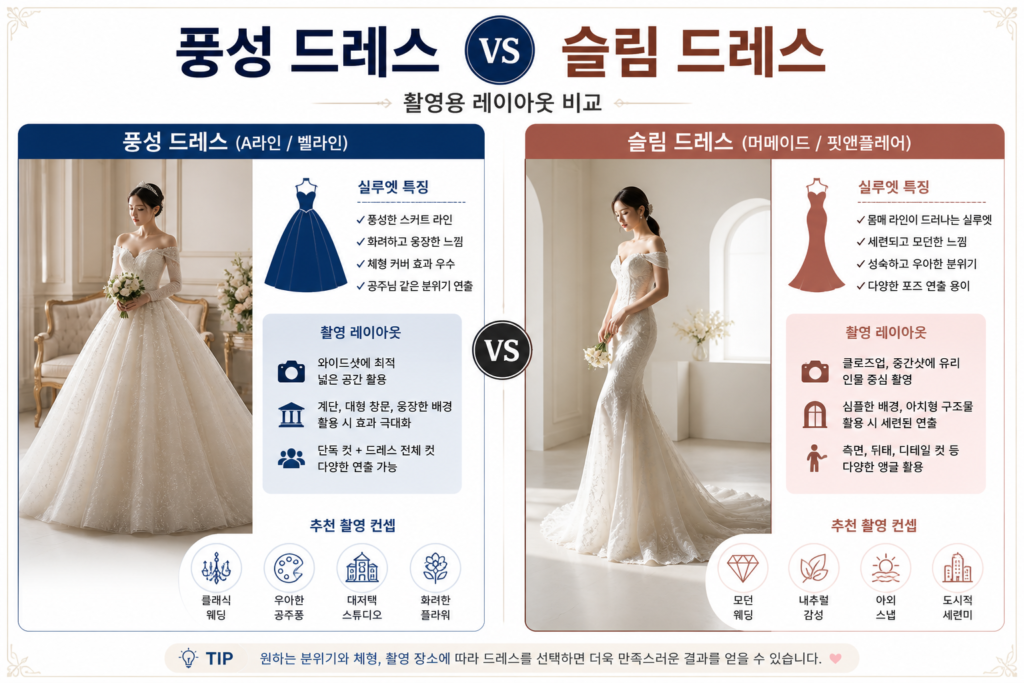 풍성 드레스 vs 슬림 드레스의 촬영용 레이아웃 비교 이미지