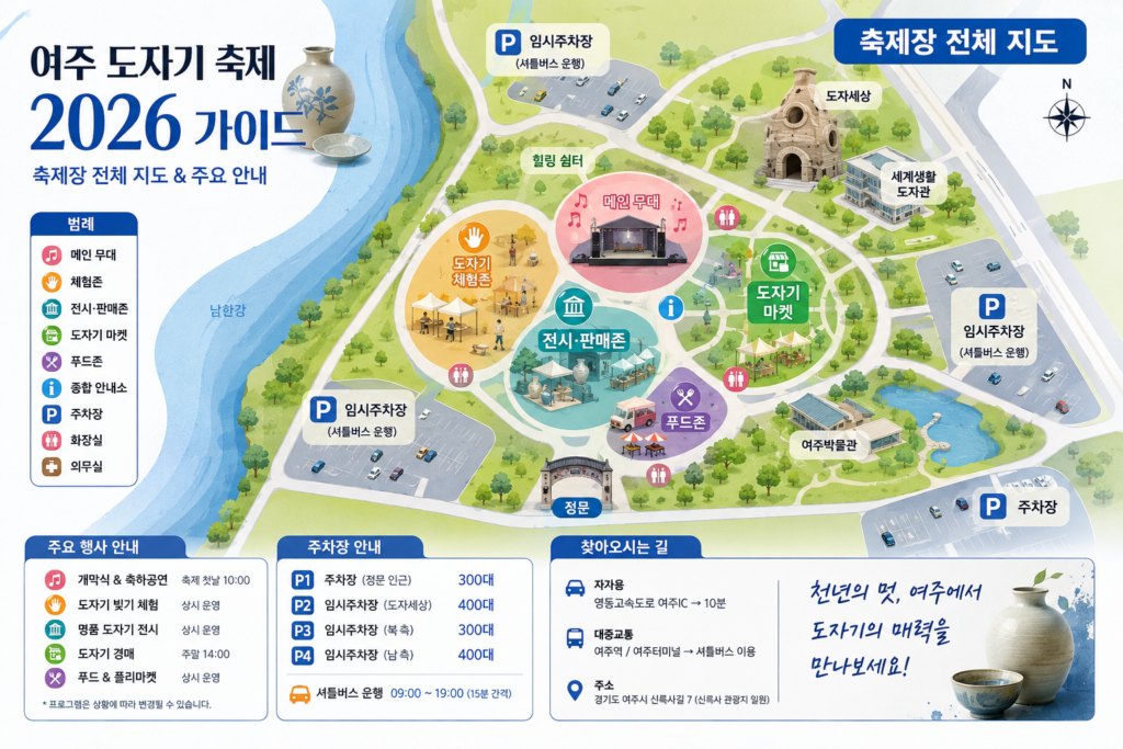 축제장 전체 지도를 바탕으로 주차장 위치와 주요 행사장을 표시한 인포그래픽